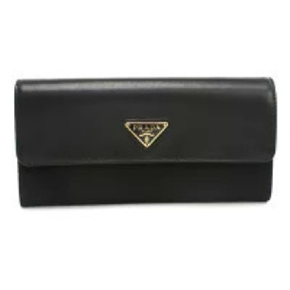 Prada Long Wallet Bi fold Saffiano Triangle Black